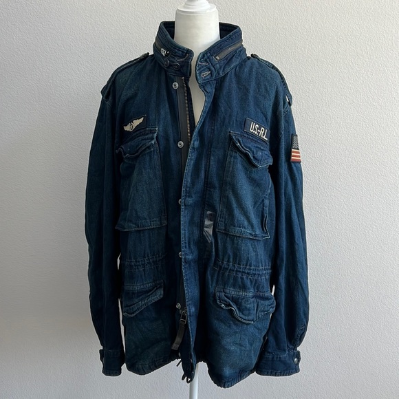 Polo Ralph Lauren Men’s USA Flag Military Patch Denim Field Jacket Size XL - Picture 4 of 16